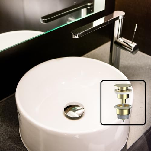 AQG - Universal Klick-Klack-Ablaufventil für Waschbecken - Flacher Stopfen - Kompatibel mit und ohne Überlauf - Elegantes Design und Hohe Haltbarkeit (Gebürstetes Gold)