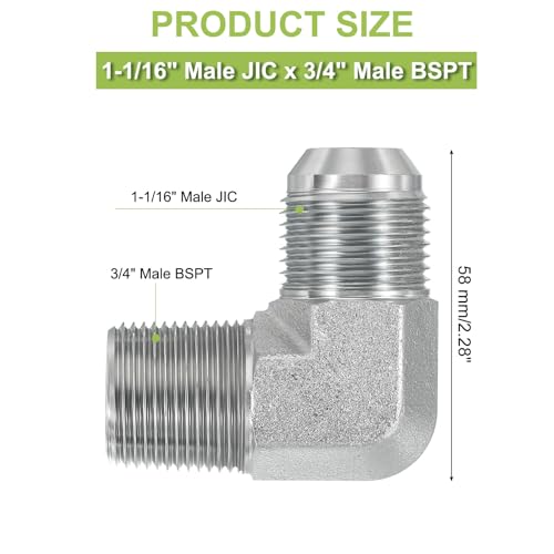 Image of PATIKIL 90 Degree Pipe Adapter, 1-1 /16 inch Male 37 Flare JIC x 3 /4 inch BSPT Male Connector Carbon Steel Elbow Fitting for Air Hydraulic Fluid Fuel Water Oil, Silver