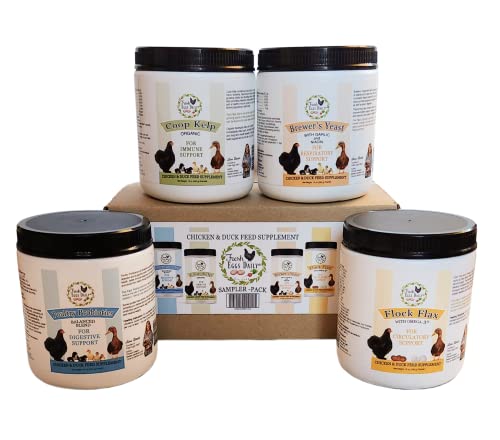 Fresh Eggs Daily Chicken and Duck Natural Feed Supplement Sampler 4-Pack Includes 12 oz. Poultry Probiotics Organic Coop Kelp Brewers Yeast with Garlic Flock Flax - Thumbnail 3