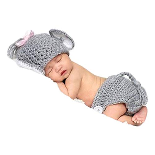 Newborn Photography Prop Crochet Baby Elephant Outfit Knit Baby Photo Prop Costume Set (Gray+Pink)