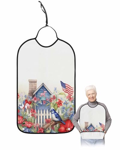 4th Of July Adult Bib for Adults Men, Women, Farmhouse Garden Floal Bird Red Blue White Washable & Adjustable Terry Cloth Bib with Crumb Catcher Reusable Waterproof Clothing Clothes Protector Apron
