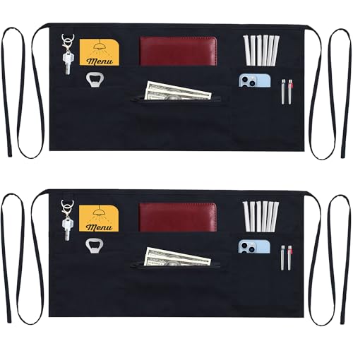TEXVIDA 7 Pockets Server Aprons with Zipper Pocket (2 Pack) - Commercial Grade Aprons for Women Men - Waiter Waitress Waist Half Apron - Black 24x12