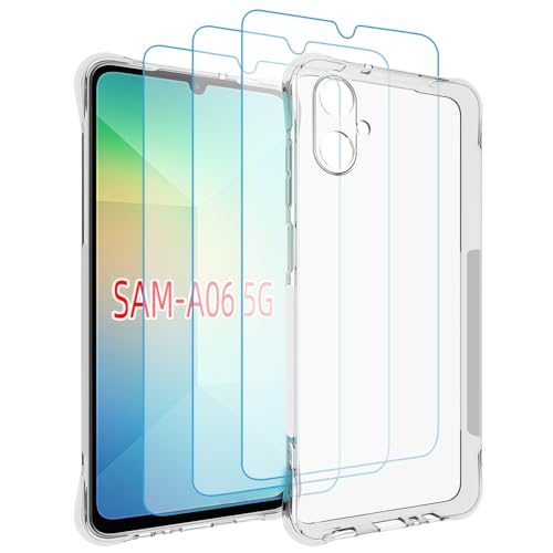 gueche 4 in 1 für Samsung Galaxy A06 Hülle mit 3 Stück Panzerglas Schutzfolie Schutz nach Militärstandard [Anti-Vergilbung] Stoßfest Transparent Handyhülle. Panzer Schutz Glas - Durchsichtig
