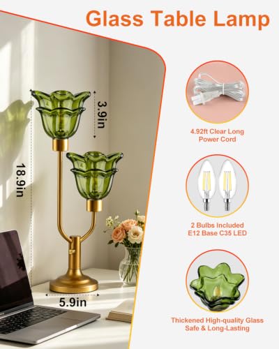 Image of Lightdot Green Glass Flower Table Lamp 2 Bulbs Included Dimmable Vintage | Nightstand Lamp Mid Century Modern Gold Desk Lamp Warmwhite Ambient Bedside Lamp for Living Room Bedroom Home Decor Gift
