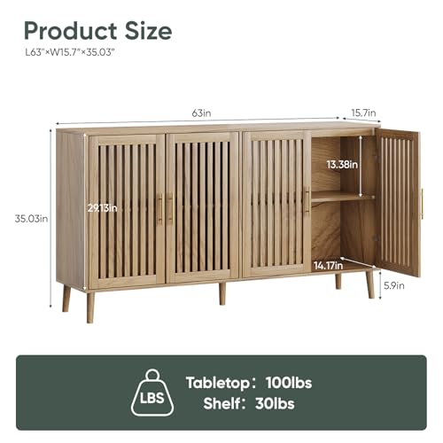 Image of Smart FENDEE 63 inch Long Sideboard Buffet with 4 Slatted Doors, Farmhouse Buffet Storage Cabinet with Adjustable Shelves, Coffee Bar Cabinet for Entryway, Kitchen, Dining Room, Living Room, Natural