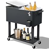 Outvita 80 Quart Rolling Ice Chest, Portable Bar Drink Cooler with Catch Basin, Bottom Storage Tray and Bottle Opener for Patio Party BBQ Beach Activities (Dark Gray)