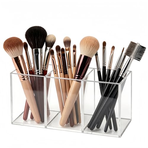 Witeygai 3 Slot Acrylic Makeup Brush Organizer, Clear Makeup Organiser Tray, Office Desk Storage Holder Makeups Box Units for Bathroom Drawers,Cosmetic Brushes Storage Eyeliners Display Holder