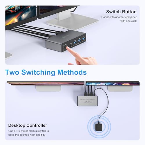 Image of USB C HDMI KVM Switch 2 Monitors for 1 Laptop and 1 Desktop 4K@60Hz, Dual Monitor KVM Switch,Docking Station KVM Switches with 4 USB 3.0 Port, 100W PD Charging, Wired Remote and USB Cable Included