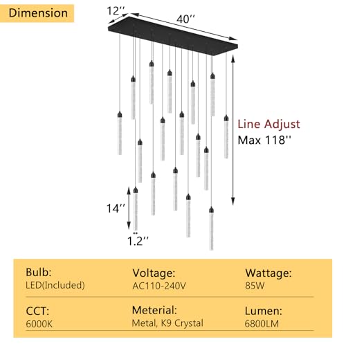 Image of Rectangular Chandeliers 17-Lights Long Light for Entryway LED Dimmable Chandeliers Lighting Fixture Flat Sloped High Ceiling Pendant Lights Crystal for Living Room Foyer Hallway Staircase Black