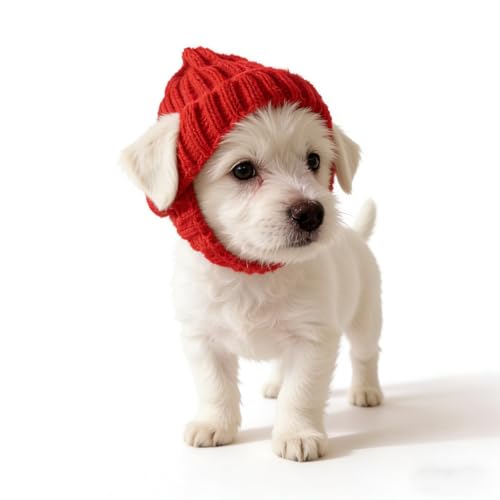 SSEISS Warm Dog Knitted Hat with Ear Hole, Winter Pet Cap, Fashion Red Pet Hats, Dogs Head Protector for Xmas New Year Party Birthday Wedding Photo (Red, Small)