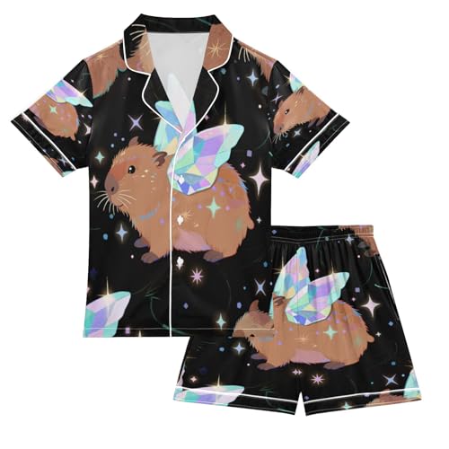 Satin Pajama Sets Short Sleeve Magical Guinea Pig with Wings Button Down Silky Nightwear 2 Piece PJS 5-14Y