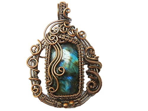 Exclusive Natural Labradorite Wire Wrapped pendant Labradorite pendant Copper Wire Antique Style jewelry Handmade gemstone jewelry Gift for her, 58 mm long Include bail., Brass, Labradorite