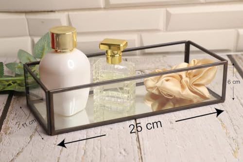 Image of Vintage Rectangular Brass Glass Tray with Jewelry Organizer, Decorative Accent, Wedding Bridal Party Gift, Candy Table Decor (Colour-Black, Size- 25cm X 11cm X 6cm (LxBxH) (Pack of 1)