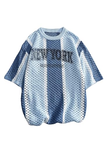 Men's Hollow Out Knit Tops Crew Neck Colorblock Letter Print Sweater