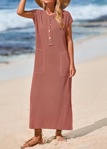 Image of KIRUNDO Womens Summer Ribbed Knit Short Sleeve Maxi Dress | 2026 Spring Henley Button Up Knitted Tshirt Dress, Loose Beach Vacation Sundress, Teacher Dress, Loose Fit Nursing Friendly