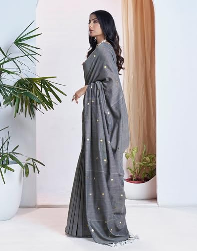 Image of SIRIL Women's Cotton Linen Sequence Saree With Unstitched Blouse Piece