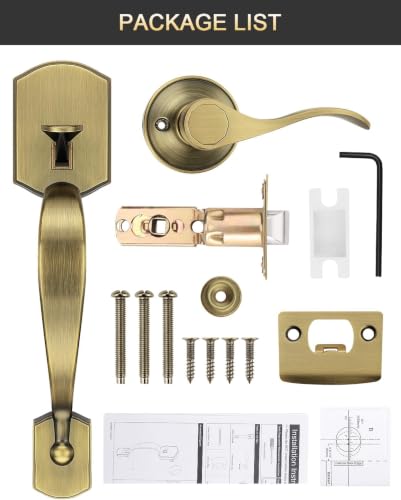 Image of Tinewa Antique Brass Front Door Handle,Upgated Entry Door Handle with Accent Wave Door Lever,Single Cylinder Front Door Handleset for Home Security