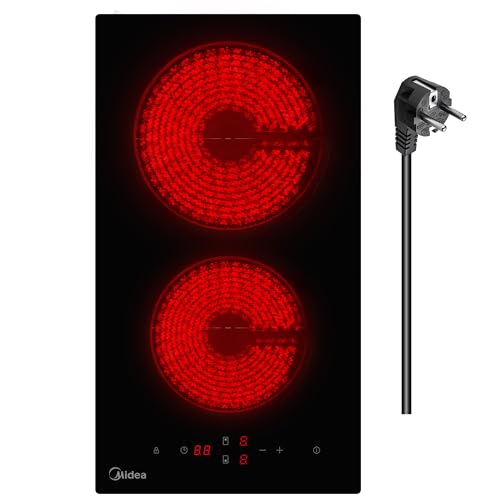 Midea Vitrocerámica con 2 zonas de cocción. Placa de cerámica integrada con enchufe, cableado, control táctil, apagado automático, seguridad para niños