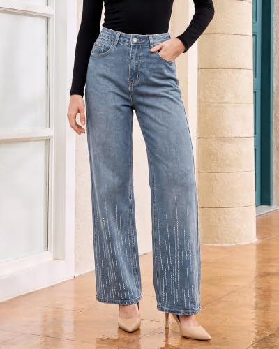 GRAPENT Rhinestone Jeans for Women High Waist Wide Leg Sparkly Denim Pants - image 2