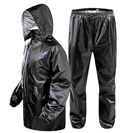 Men's Black Waterproof Rain Coat with Pants Polyester Rain Coat For Men Bike Rain Suit Rain Jacket Suit Mobile Pocket with Storage Bag (IN, Alpha, M)