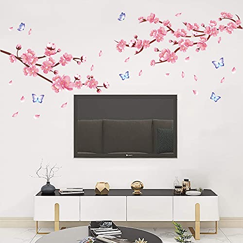 Supzone Cherry Blossom Wall Sticker Japanese Sakura Wall Decal Pink Flower Branch And Butterfly Wall Decor Diy Vinyl Mural Art For Bedroom Living Room Office Sofa Tv Backdrop Wall Decoration #TOP4