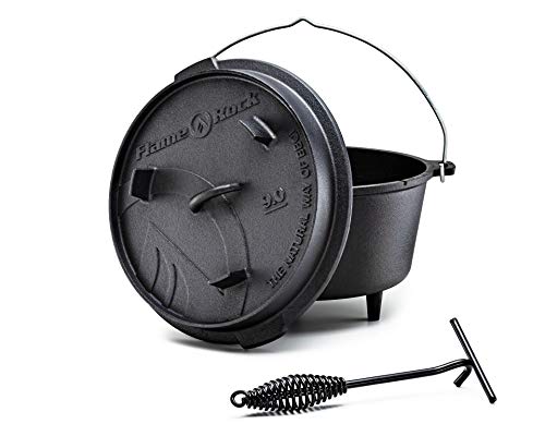 FLAME ROCK Dutch Oven 9.0, traditioneller, gusseiserner Feuertopf mit 7,85 Liter Fassungsvermögen, bereits eingebrannt pre seasoned, extrem hitzebeständig, inklusive Deckelheber