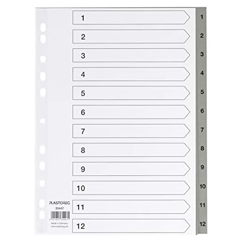 5er Set 12-teiliges Register/Trennblätter aus PP, DIN A4 mit Zahlen 1-12, volldeckend + praktischem Deckblatt aus stabilem Papier zum Beschriften. Trenn-Blätter für die Ordner-Organisation im Büro Cover