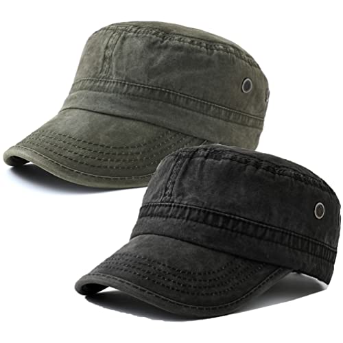 Image of 2 Pack Men's Cotton Military Caps Cadet Army Caps Vintage Flat Top Cap