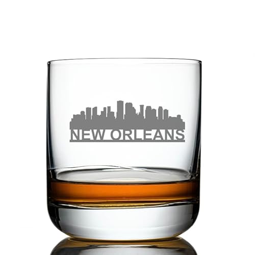 IMI Customs New Orleans City Skyline Whiskey Glass Rock Glass, (10.5 Oz, clear) Bourbon Rock Glass Made in the USA Old Fashioned Whiskey Glass Etched Whiskey Glass, Gifts For Whiskey Lovers