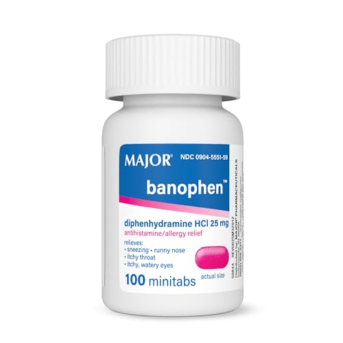 MAJOR Banophen Diphenhydramine HCI 25 mg Minitabs - Temporary Relief from the Symptoms of Hay Fever, Common Cold, and Upper Respiratory Allergies - Antihistamine Allergy Medicine - 100 Count (1 Pack)