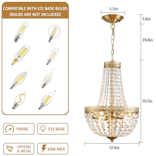 KAERDI Mini French Country Crystal Vintage Small Brass Chandelier Lighting 4 Lights Empire Pendant Light Fixture for Dining Living Room Bathroom Foyer Kitchen Bedroom Entryway,E12,D12.6 X H19.7 by KAERDI - Used condition - Image 2