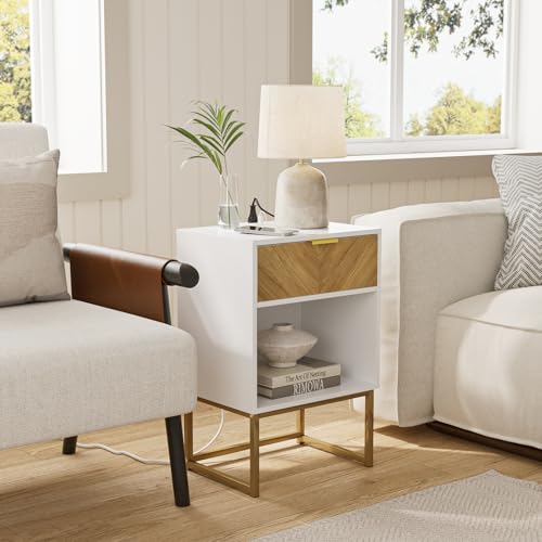 Image of Masupu Nightstand with Charging Station,Modern Night Stand Boho Farmhouse Wood Bedside Table with Storage Drawer Side End Table for Bedroom,Living Room,Office,White with Outlet