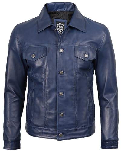 Image of fjackets Real Lambskin Vintage Trucker Leather Jacket Men - Shirt Collar Style Leather Jackets For Mens