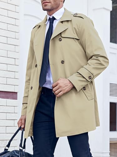 Image of Makkrom Men's Trench Coat Slim fit Double Breasted Notched Lapel Belted Windbreaker Long Jacket Casual Windproof Overcoat