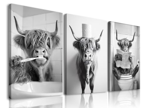 Aroutde Highland Cow Bathroom Wall Art Set of 3, Funny