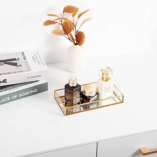 Feyarl Gold Clear Glass Vanity Tray Jewelry Trinket Rings Earrings Organizer Perfume Collection Display Decorative Tray For Dressr Drawer Office Tabletop (7.87Inch) #TOP4