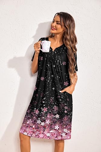 Image of Ekouaer 2 Pack House Dresses for Women with Pockets Short Sleeve Moo Moos Floral Print Mumu Dresses