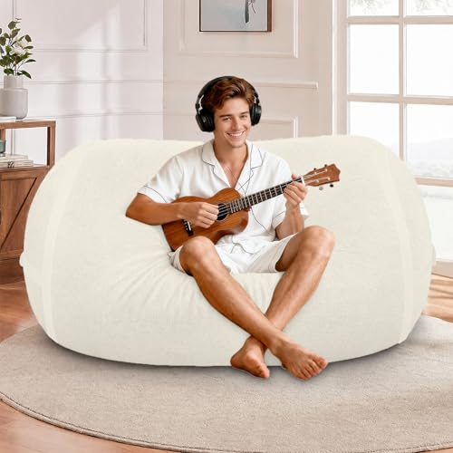 Image of 4FT Bean Bag Chair 4'Big Bean Bag Chairs with Adults, Large Beanbag Chair | Bean bag Lounger with Machine Washable Cover Luxurious Velvet Fabric, Comfy Chairs for Living Room, Bedroom, Dorm, Beige