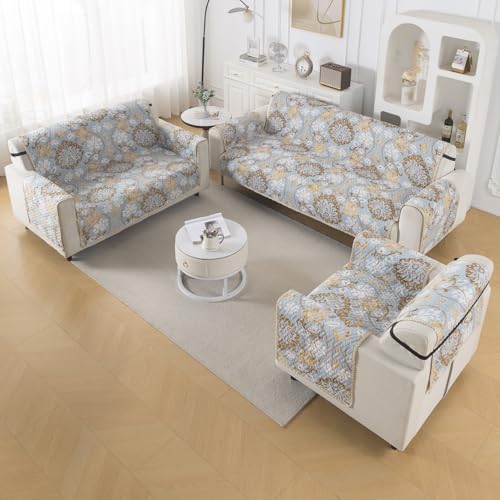 Image of HOKIPO Double Sided Quilted Sofa Cover 6 Seater Fully Covered, Washable(3+2+1) Sofa Cover Easy Drape Series, Cool Breeze Floral (IN-1101 + IN-1100+IN-1099-ED5)