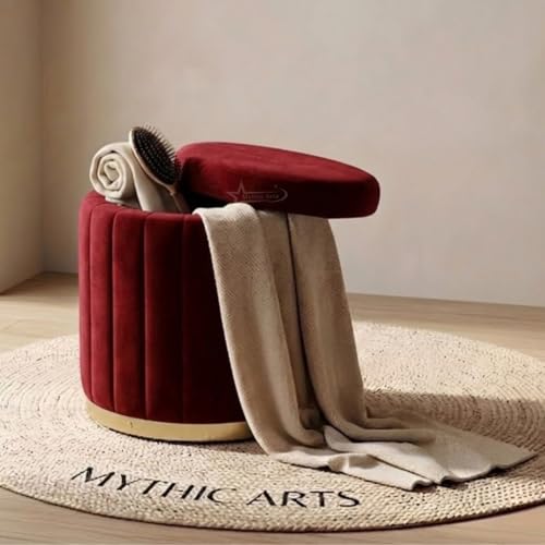 Image of Superior Round Storage Ottoman Stool 16 X 16X 19 inch, with Gold Metal Base | Elegant Pouffe with Secret Storage | Cushioned Footrest for Living Room, Bedroom, and Lounge Maroon
