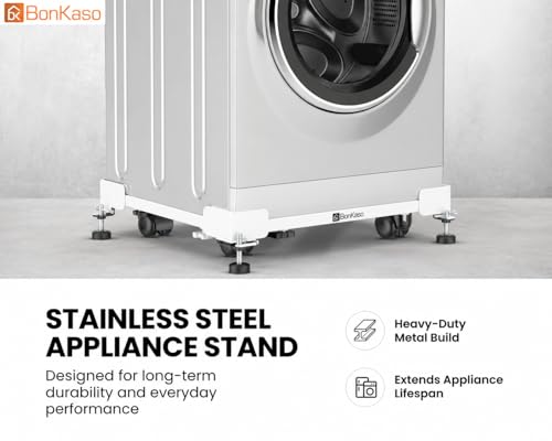Image of BonKaso Adjustable Heavy Duty Appliance Stand with Wheels & Anti-Slip Pads | Steel Frame Trolley for Washing Machine, Refrigerator & Dishwasher | Load Capacity 200 Kg (50x43x12.5 cm) White