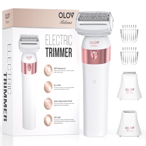 Bikini Trimmer Women, Electric Shaver for Women, IPX7 Waterproof Wet & Dry Electric Razors, Bikini Legs Underarm Public Hairs Rechargeable Trimmer with 3 Trimmer Heads-Gold