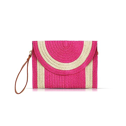 QTKJ Straw Clutch Purses for Women, Crossbody Bags, Hot Pink Purse Bohemian Handmade Envelope Package, Leather Wristbands, Summer Beach Handbags Suitable for Vacation Travel Daily Matching