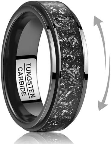 TUNGSTORY 8mm Tungsten Mens Wedding Band, Black Spinner Fidget Rings Meteorite Inlaid, Anxiety Released Spinner Ring for Men Engagement Anniversary Comfort Fit Size 11