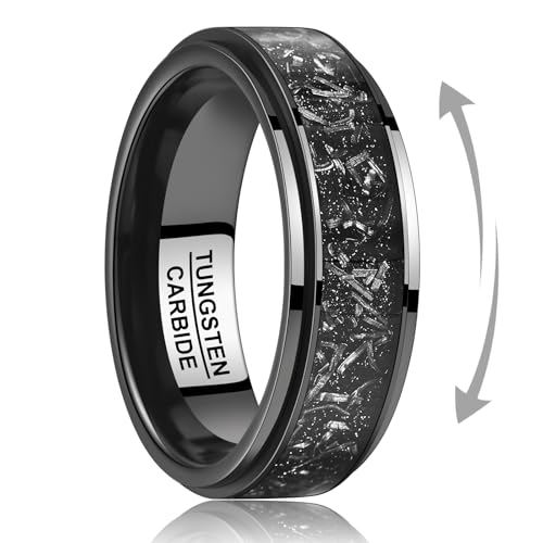 8mm Tungsten Mens Wedding Band, Black Spinner Fidget Rings Meteorite Inlaid, Anxiety Released Spinner Ring for Men Engagement Anniversary Comfort Fit Size 7-12