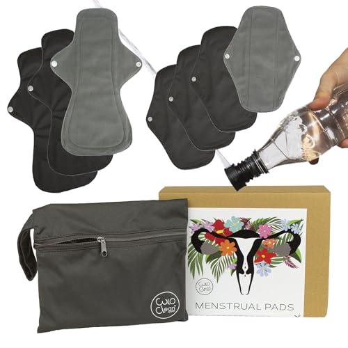 CuloClean 7pcs (4M + 3L) Compresas Menstruales y Postparto Reutilizables de fibra de bambú. Flujo abundante. Ecológicas, de tela transpirable e impermeable + bolsa + bidet portátil