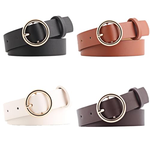 4 Pcs Pu Leather Belts For Women With Round Metal Buckle, Black, Coffee, Tan, White, Adjustable Sizes 3T-5T, Comfortable Stylish For Everyday Wear