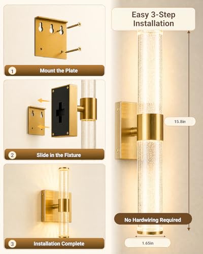 Image of Wall Sconces Set of Two,Guwikou Battery Operated Wall Sconce with 16000mAh Large Capacity,Screw-Mounted,USB-C Charging,Smart Auto, 30ft Remote abd 5 Brightness,for Bedroom Living Room Decor-15.8 Inch