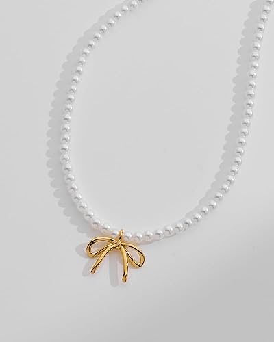 Miniatura 5 de Collar de lazo de oro para mujer, lindo colgante de lazo hinchado con cadena de serpienteperlas, delicado collar de oro, elegante, regalo de joyería