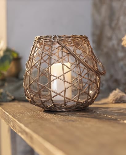 Windlicht Geflecht aus Glas, Kerzenglas mit Weidenkorb & Henkel, Kerzenhalter für Stumpenkerzen, Dekoglas